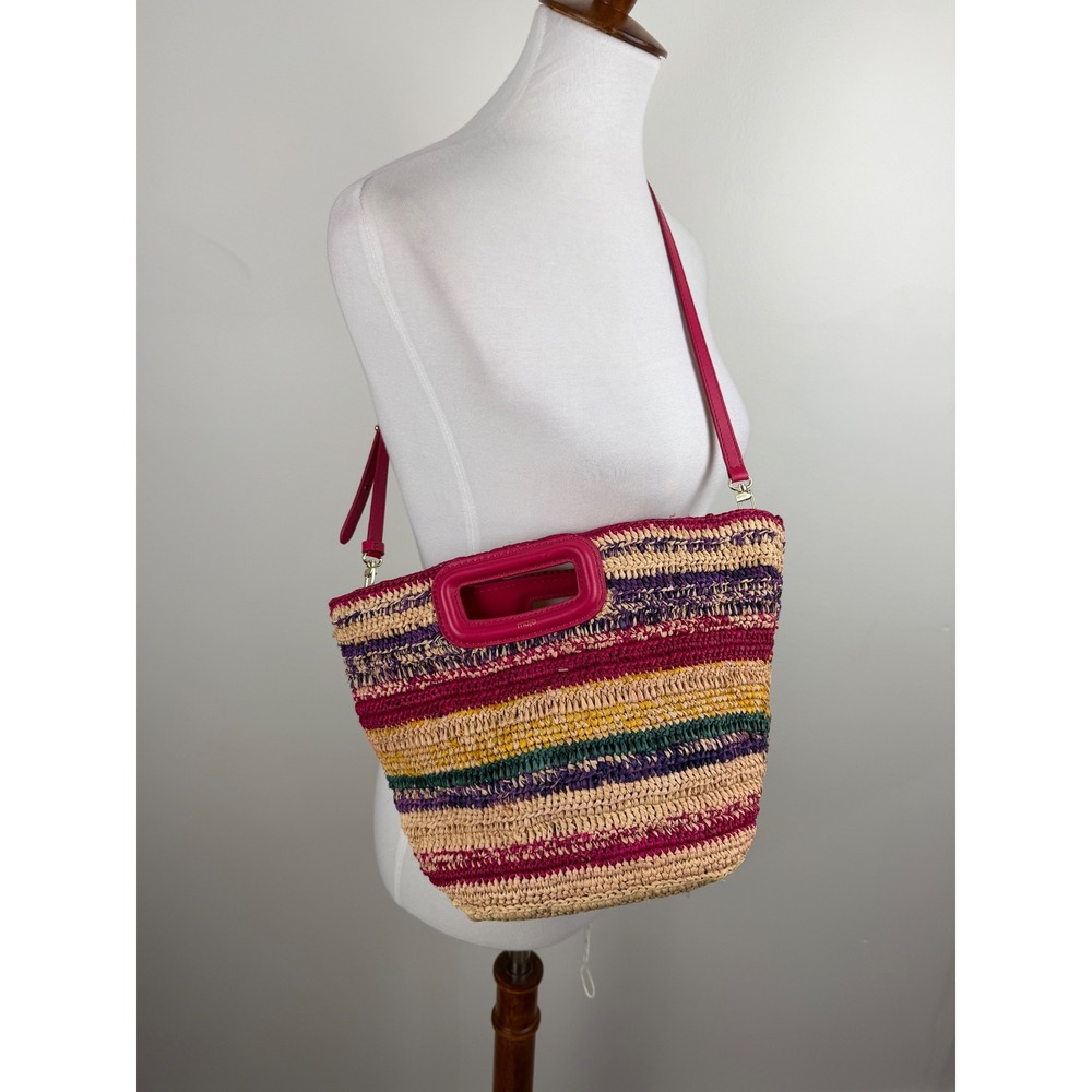 Maje Striped Straw Satchel Multicolor Stripe Pink Raffia Crossbody Euro Summer - Picture 15 of 16